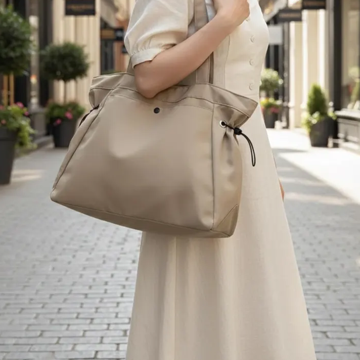 Lightweight Beige Drawstring Side Large Work Shoulder Tote Bag