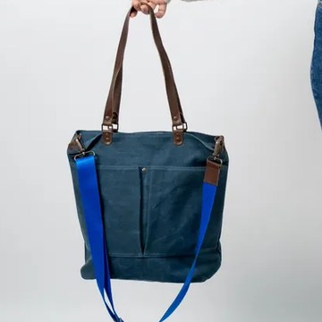 Slate Blue Washed Canvas Genuine Leather Handle Daily Shoulder Tote Bag