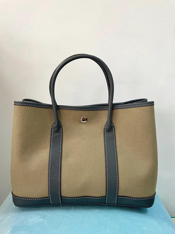 Khaki Linen Contrast Leather Trim Snap Top Handle Tote Bag