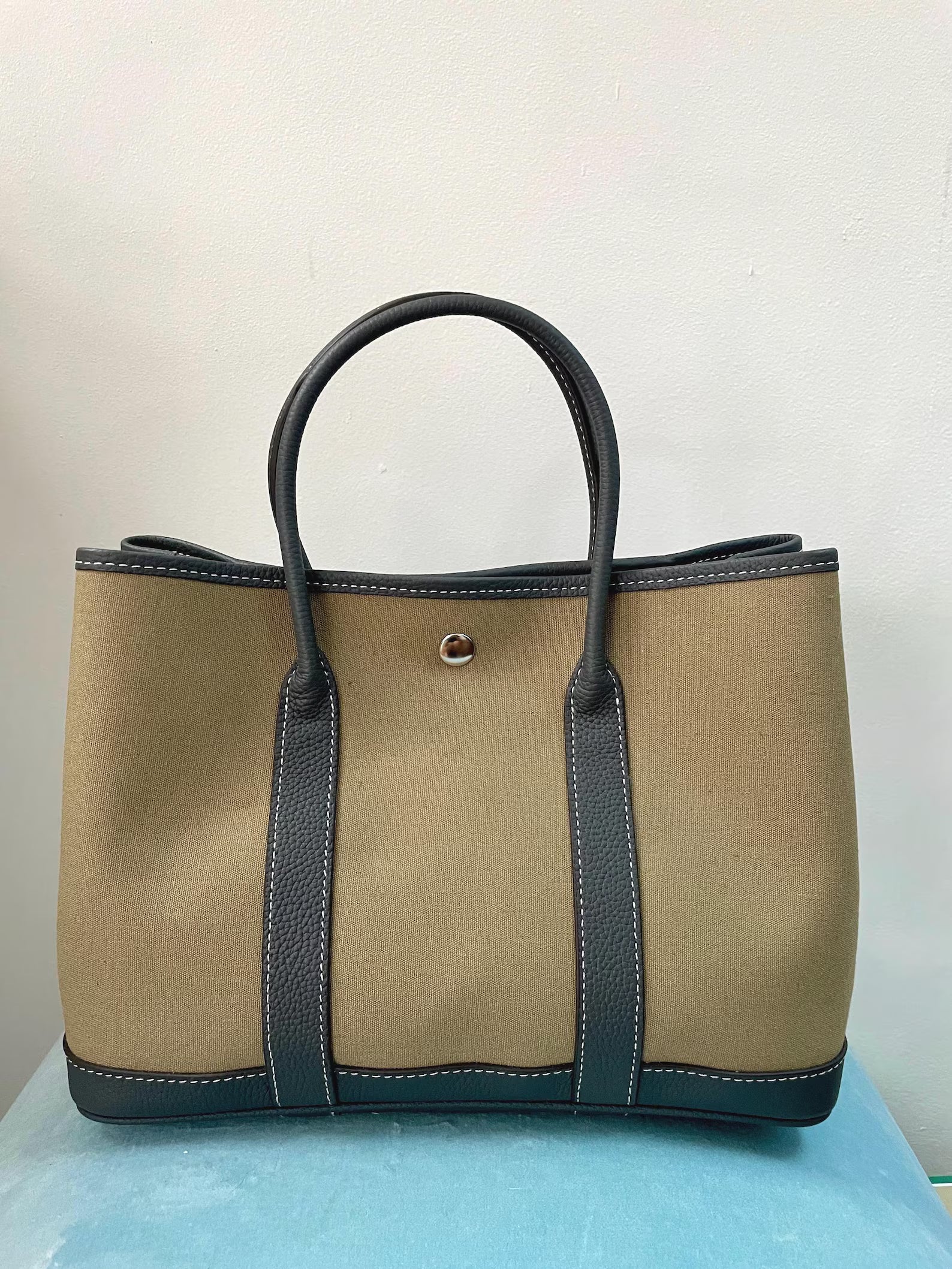 Khaki Linen Contrast Leather Trim Snap Top Handle Tote Bag