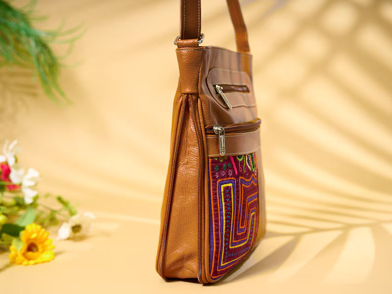 Tan Napa Leather Molas Embroidery Multi-Zip Crossbody Bag