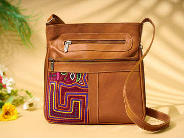 Tan Napa Leather Molas Embroidery Multi-Zip Crossbody Bag