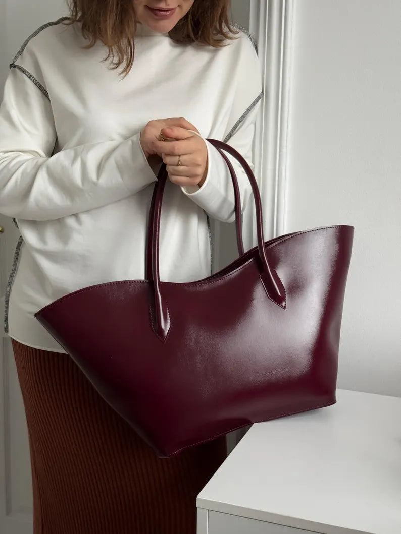 Burgundy Smooth Leather Large Open Top Shoulder Tote Bag
