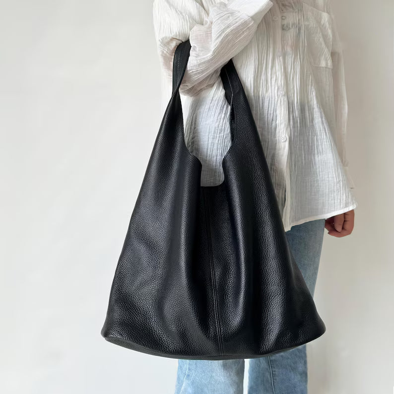 Oversized Soft Black Pebbled Leather Daily Shoulder Tote Bag