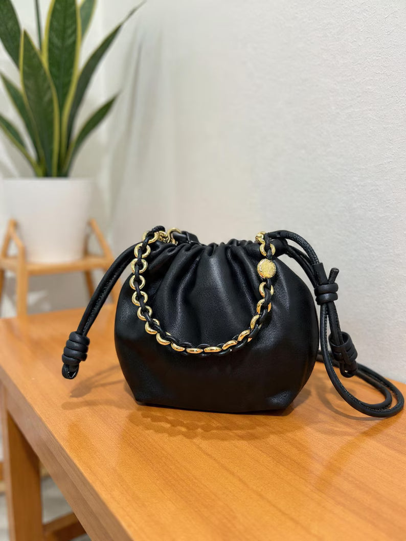 Black Soft Leather Drawstring Cloud Bag