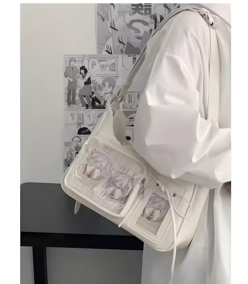 White Ribbon Decor Clear Pocket Adjustable Crossbody Shoulder Bag