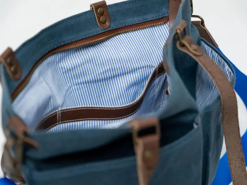 Slate Blue Washed Canvas Genuine Leather Handle Daily Shoulder Tote Bag