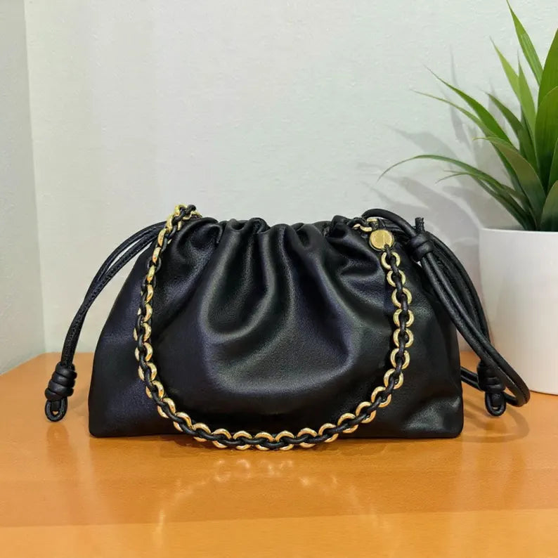 Black Soft Leather Drawstring Cloud Bag