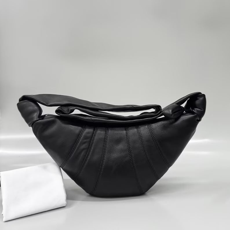 Black Genuine Lambskin Knotted Strap Crescent Sling Shoulder Bag