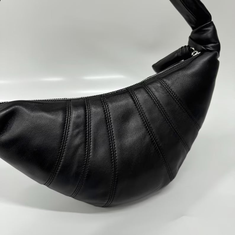Black Genuine Lambskin Knotted Strap Crescent Sling Shoulder Bag