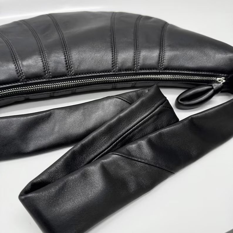 Black Genuine Lambskin Knotted Strap Crescent Sling Shoulder Bag