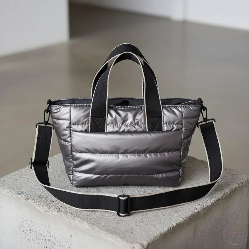 Metallic Silver Horizontal Quilted Puffer Mini Tote Crossbody Bag