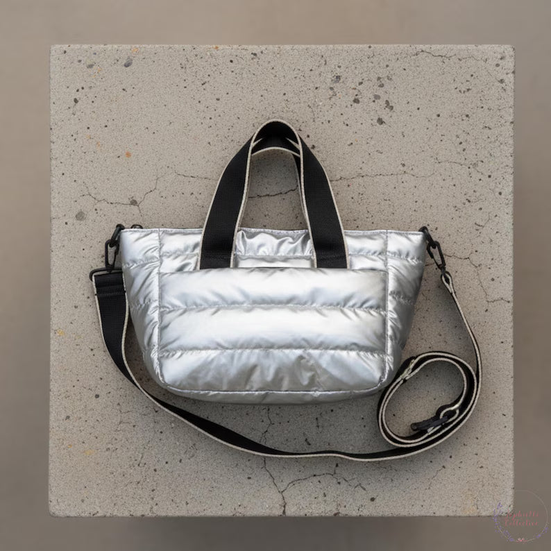 Metallic Silver Horizontal Quilted Puffer Mini Tote Crossbody Bag