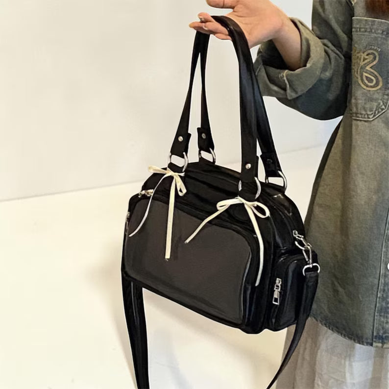 Black Patent Clear Window Ribbon Decor Ita Crossbody Collector Bag