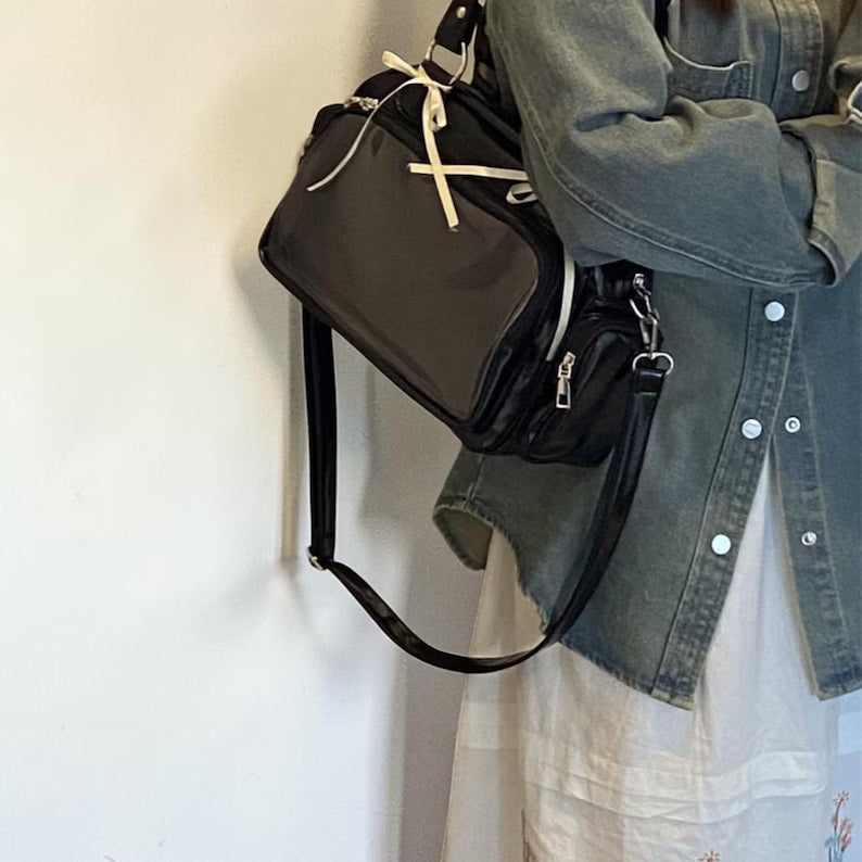 Black Patent Clear Window Ribbon Decor Ita Crossbody Collector Bag