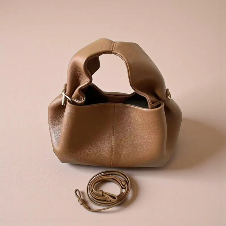 Camel Soft Pebbled Leather Slouchy Dual Handle Crossbody Cloud Bag