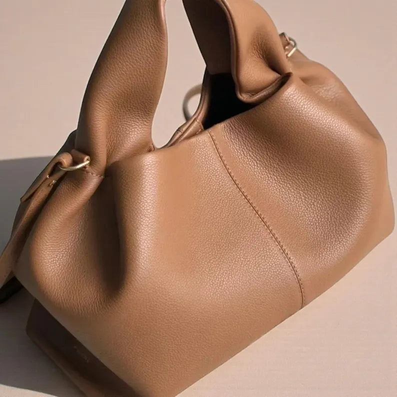 Camel Soft Pebbled Leather Slouchy Dual Handle Crossbody Cloud Bag