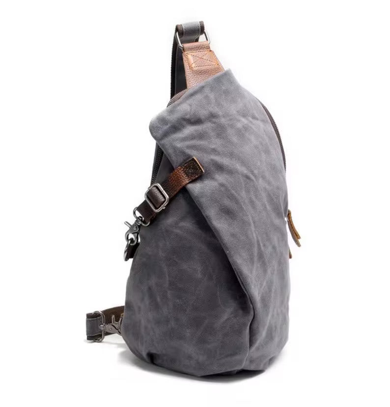 Waterproof Waxed Canvas Genuine Leather Sling Crossbody Backpack Bag