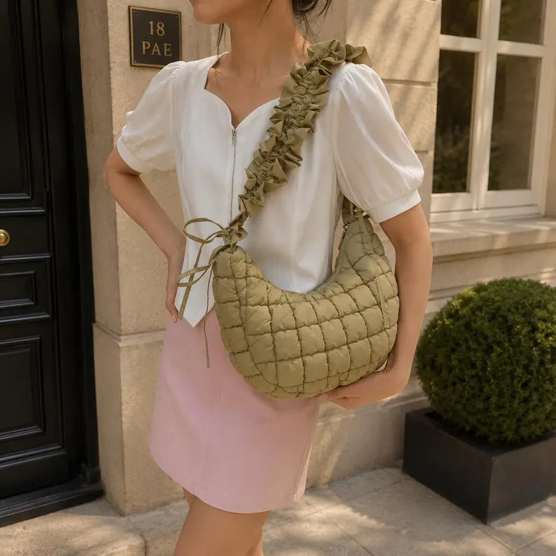 Grid Quilted Puffer Hobo Bag with Ruffle Adjustable Strap