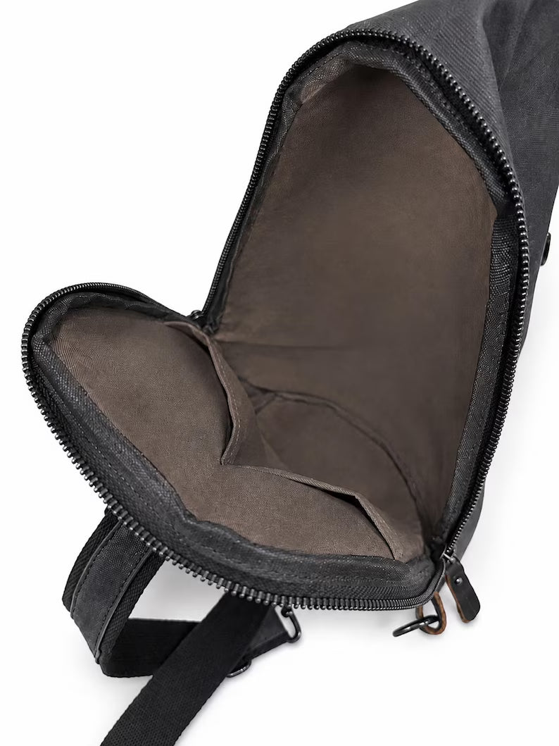 Waterproof Waxed Canvas Genuine Leather Sling Crossbody Backpack Bag