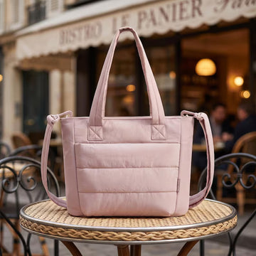 Blush Pink Horizontal Quilted Water Resistant Polyester Convertible Tote Bag