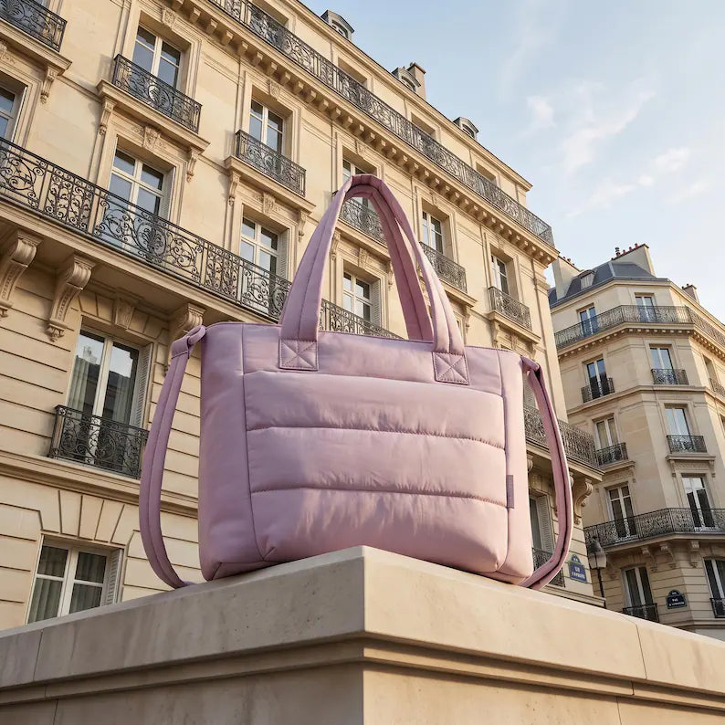 Blush Pink Horizontal Quilted Water Resistant Polyester Convertible Tote Bag