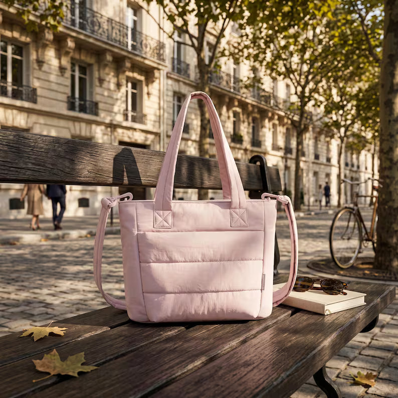 Blush Pink Horizontal Quilted Water Resistant Polyester Convertible Tote Bag