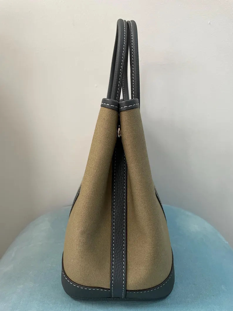 Khaki Linen Contrast Leather Trim Snap Top Handle Tote Bag