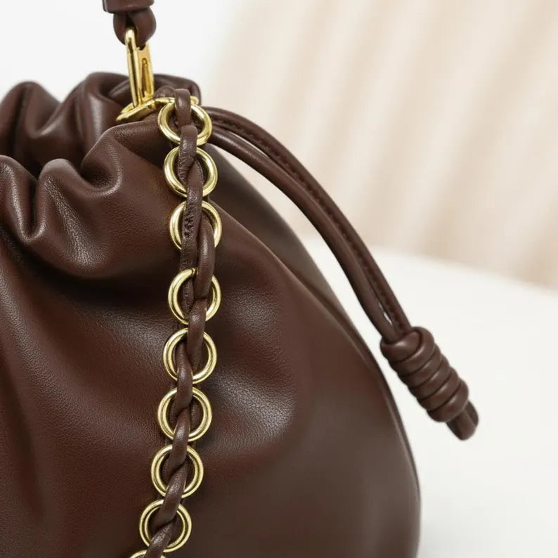 Dark Brown Genuine Leather Knotted Strap Drawstring Cloud Shoulder Bag