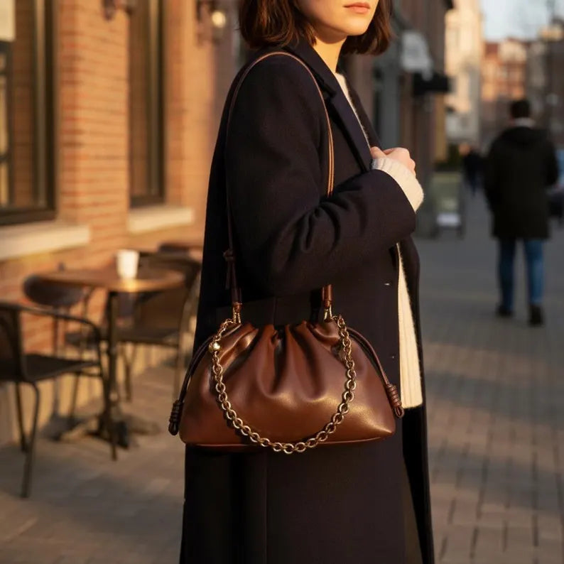 Dark Brown Genuine Leather Knotted Strap Drawstring Cloud Shoulder Bag