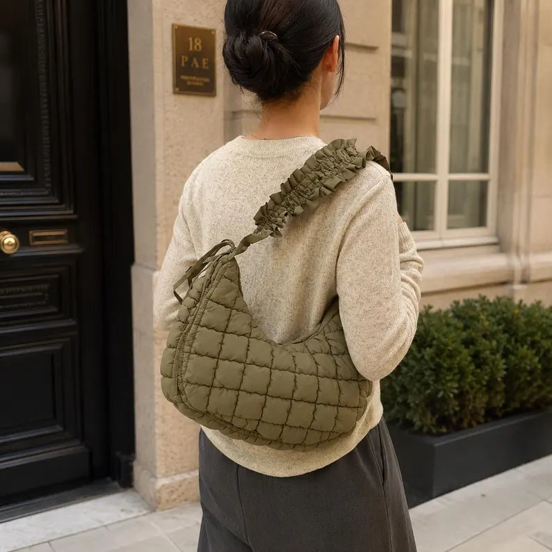 Grid Quilted Puffer Hobo Bag with Ruffle Adjustable Strap