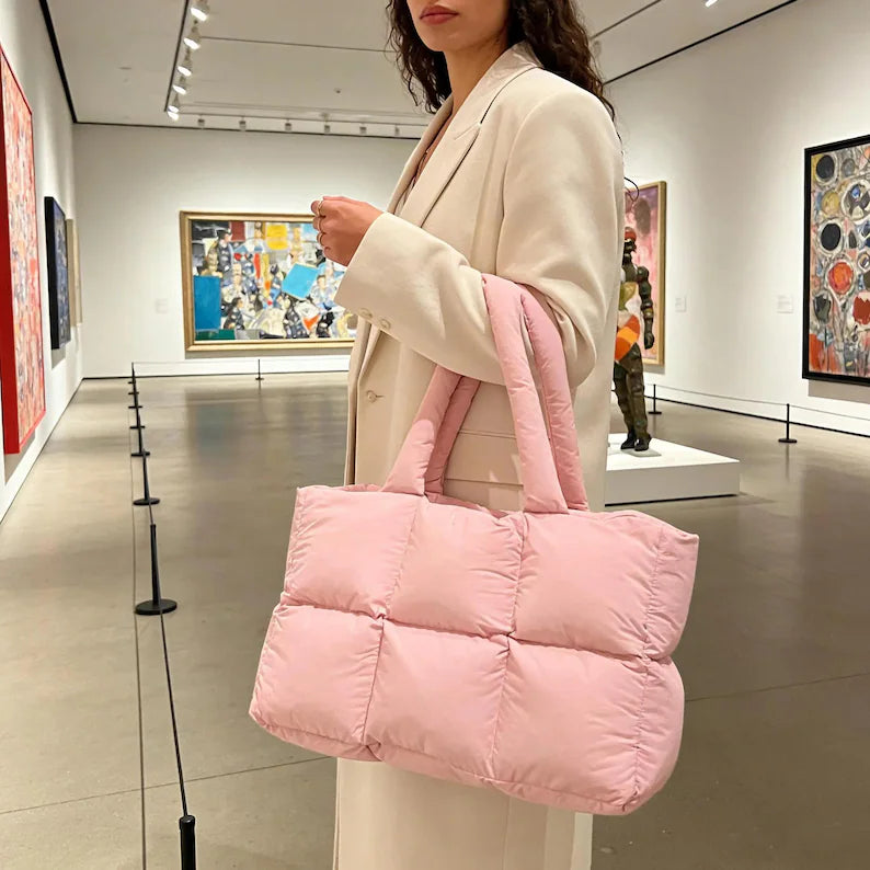 Pink Grid Quilted Lightweight Padded Nylon Large Shoulder Tote Bag
