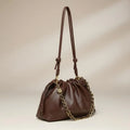 Dark Brown Genuine Leather Knotted Strap Drawstring Cloud Shoulder Bag