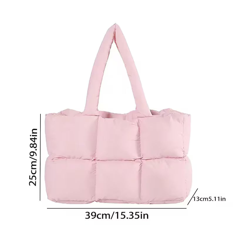 Pink Grid Quilted Lightweight Padded Nylon Large Shoulder Tote Bag