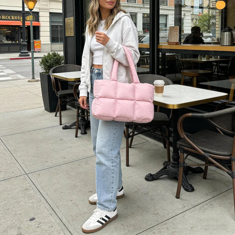 Pink Grid Quilted Lightweight Padded Nylon Large Shoulder Tote Bag